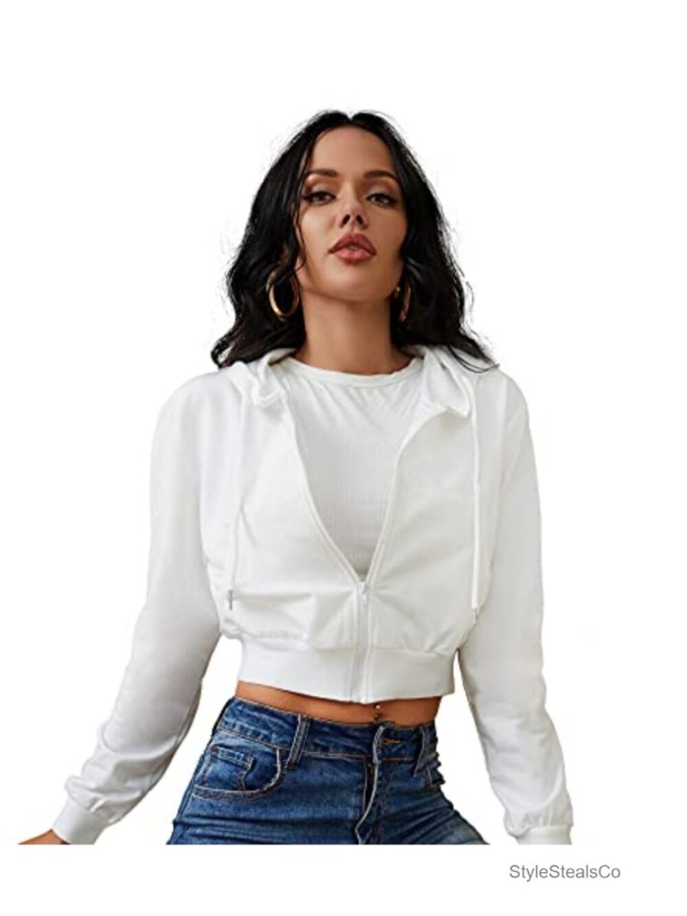 Women's Cropped Zip Up Hoodie Jacket Drawstring Slim Fit Long Sleeve